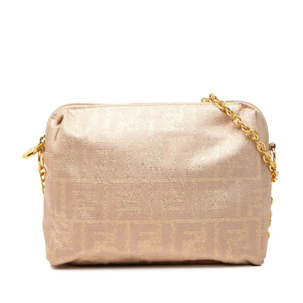 Fendi Zucca Glitter Chain Shoulder Bag Pink Beige Cream Canvas